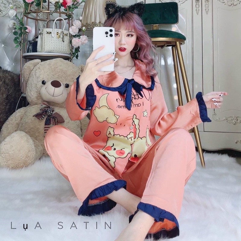 SỈ=LẺ Đồ bộ mặc nhà Pijama Lụa Satin dưới 62kg tay dài quần dài Tiểu Thư dễ thương