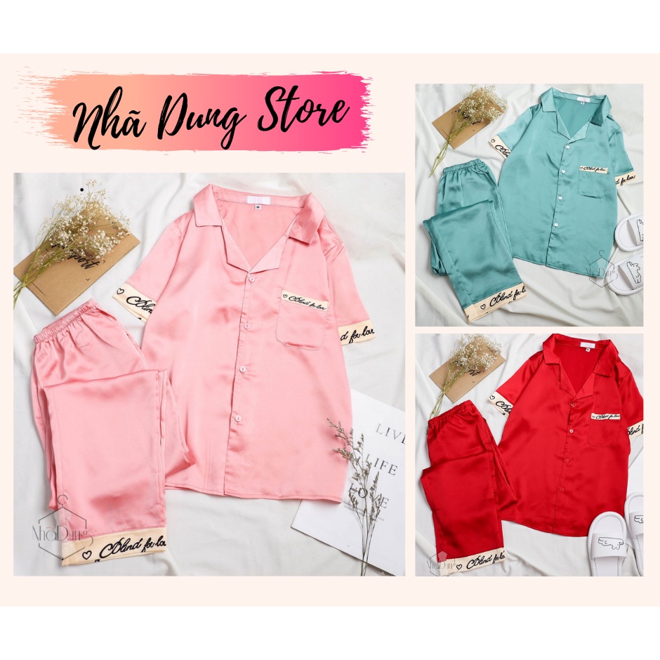&lt;A15&gt; Đồ bộ nữ mặc nhà dài vải lụa satin cao cấp tay viền chữ ký mềm mát dễ thương dưới 55kg
