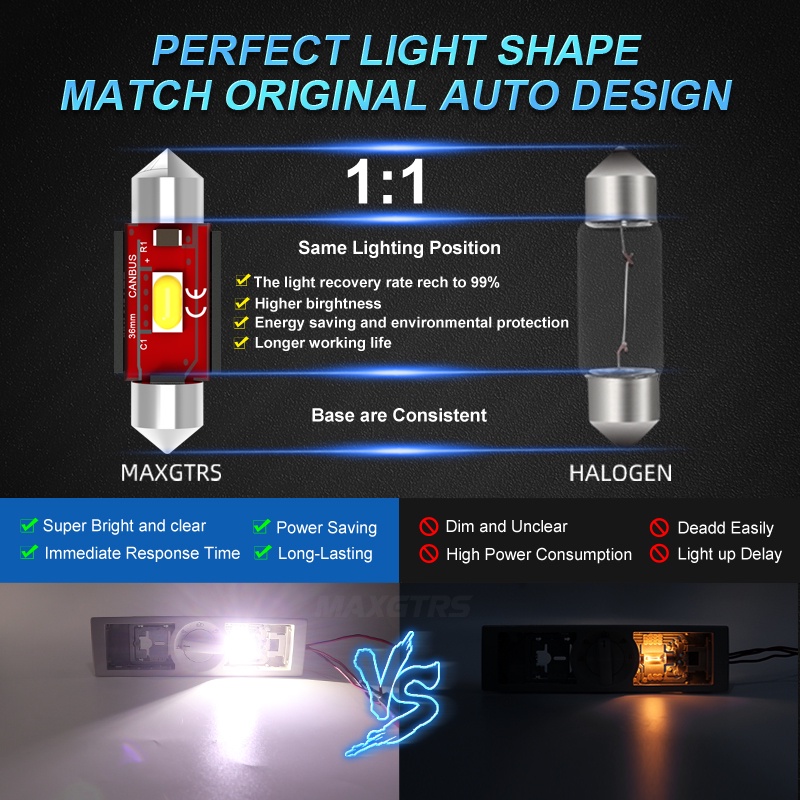 Set 2 Đèn LED CANBUS Festoon 31mm 36mm 39mm 41mm C10W 7035 SMD 6000K Ánh Sáng Trắng 12V Dành Cho Ô Tô MAXGTRS