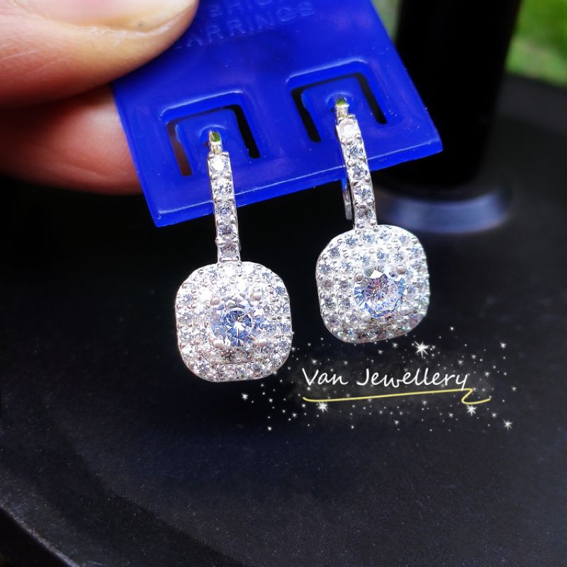 Bông tai bạc Bồng mặt vuông nạm đá sang chảnh Van Jewelry V10745