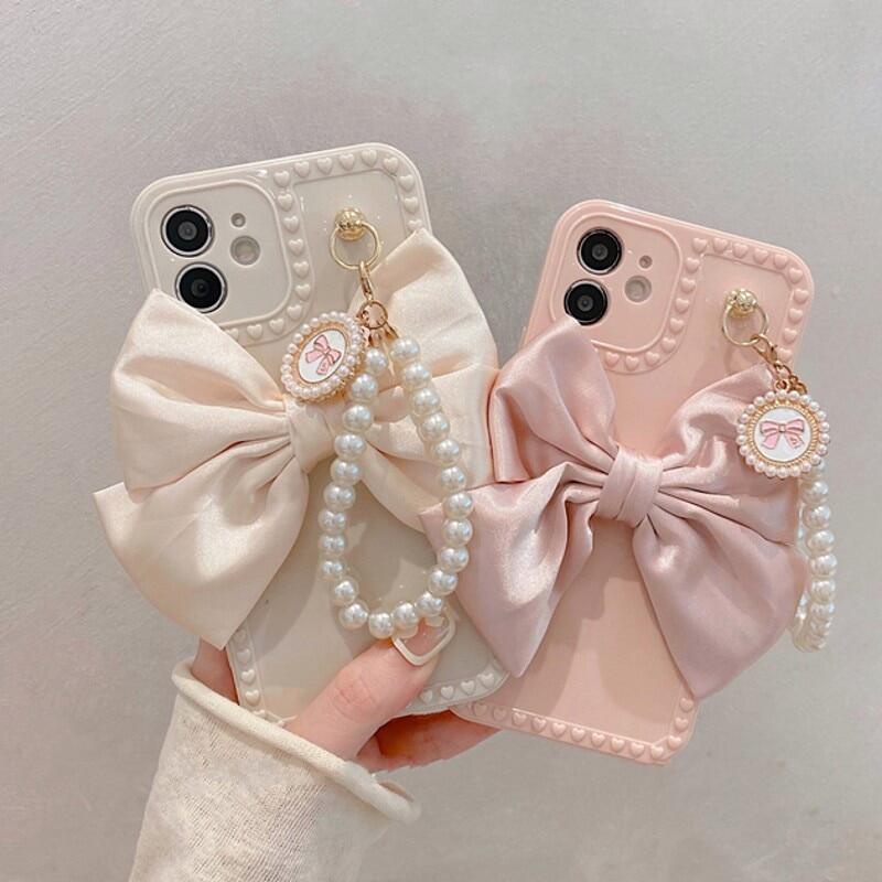 Ốp Điện Thoại Mềm Đính Ngọc Trai Và Nơ Có Dây Đeo Tay Cho iPhone 13 12 11 Pro Max 13 X XR XS Max 6 S 7 8 Plus