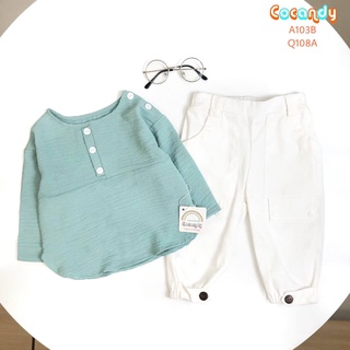 Set đồ cho bé -Áo đũi xanh tay dài và quần kaki trắng cúc gỗ dễ thương cho bé của COCANDY mã A103B, Q108A