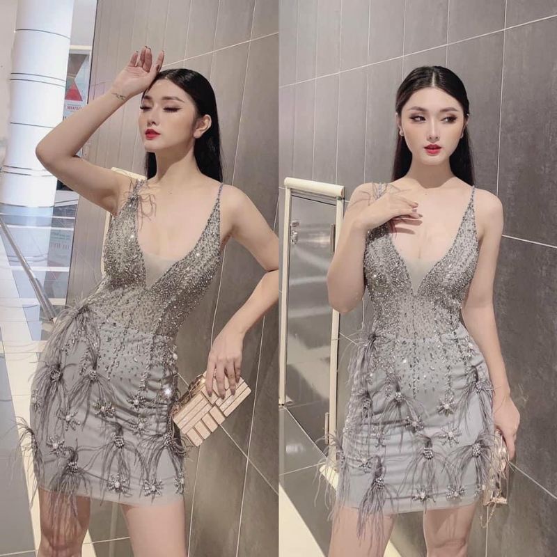 Đầm váy body 2 dây dự tiệc kết hạt thủ công đính lông vũ sang chảnh
