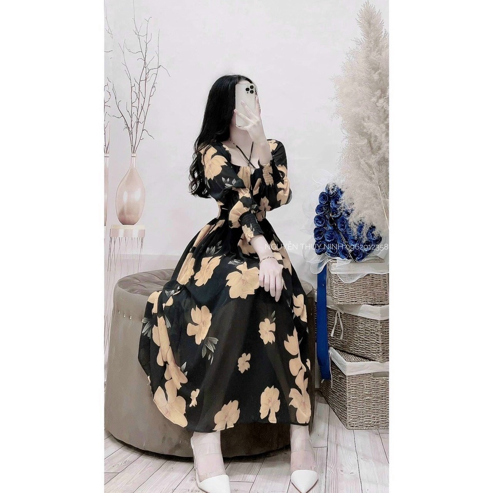 Đầm hoa nhí nữ vintage dáng dài, đầm hoa cổ vuông côt dây cổ tay dài nhún eo xoè qua gối sang trọng