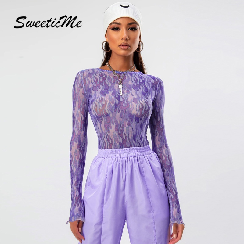 Áo Thun Cổ Thuyền Phối Lưới In Họa Tiết SweeticMe Thời Trang Cho Nữ