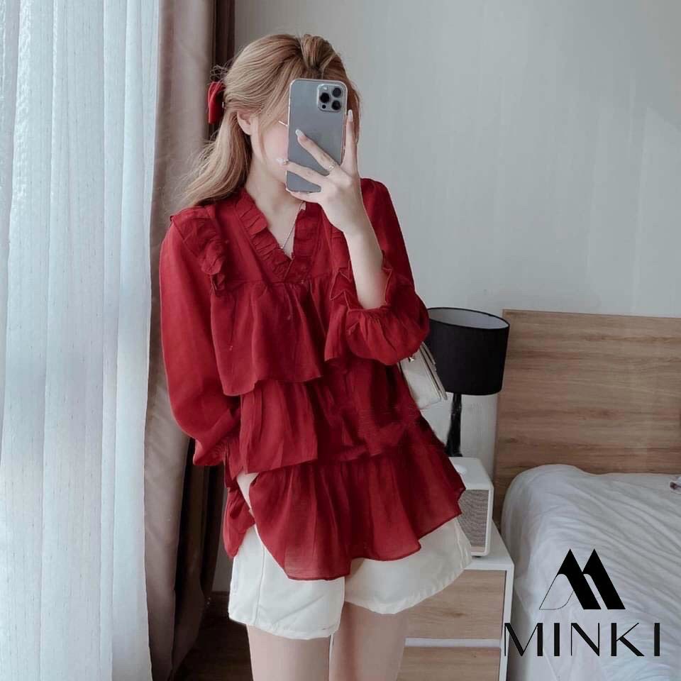 set áo bèo tầng xinh màu xanh đỏ kèm quần đùi k