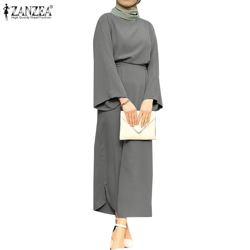 Zanzea Bộ Áo Tay Dài Ống Loe Kèm Quần Dài Lưng Thun Màu Trơn Dành Cho Phụ Nữ Hồi Giáo