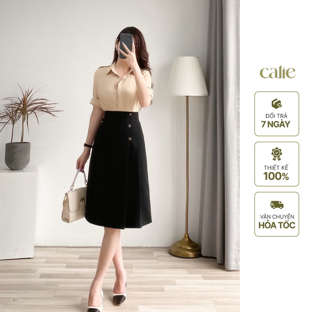 Chân Váy dáng dài nữ dáng A xếp ly lệch đính cúc gỗ thanh lịch thời trang công sở Calie House CV7