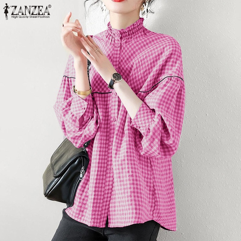 Áo kiểu ZANZEA cổ tròn dáng rộng in họa tiết sọc ca rô phối nút cài thời trang công sở dành cho nữ