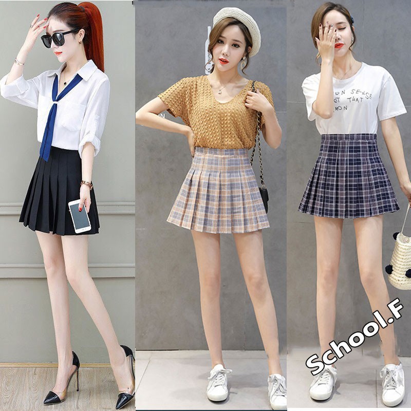 [QUÀ TẶNG LÀ DÂY BUỘC TÓC BẠN NHÉ] Chân váy Tennis lưng cao xếp ly Style Ulzzang có lót trong - Màu Trắng / Đen / Caro