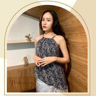 Áo yếm chất voan hoa nhí vạt xéo phối nút gỗ Vintage