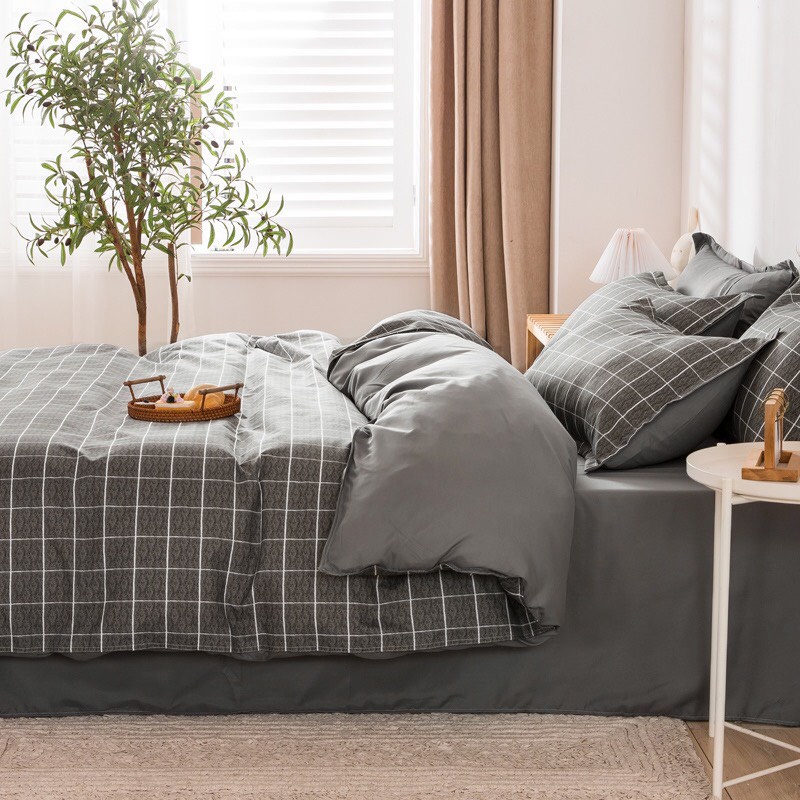 Bộ chăn ga gối Cotton poly M2T bedding gồm vỏ chăn mền, drap ga giường và 2 vỏ gối nằm - PL kẻ dạ