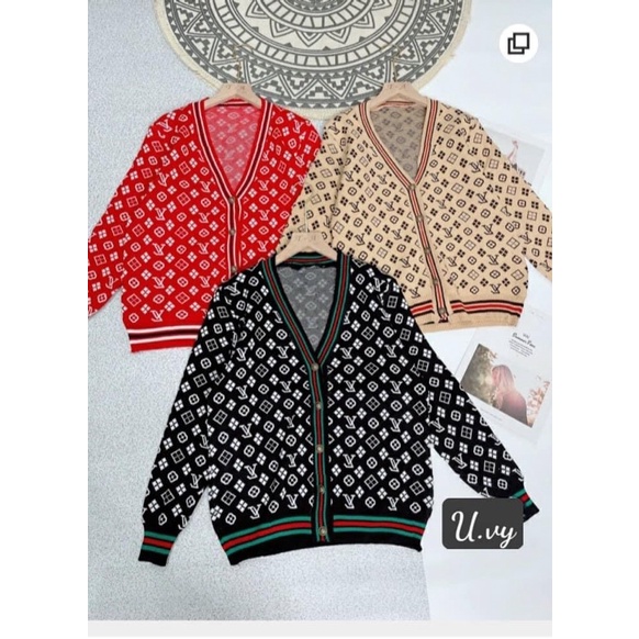 áo khoác len cardigan mùa đông cổ tim cài khuy phối viền kiểu hoạ tiết sang chảnh