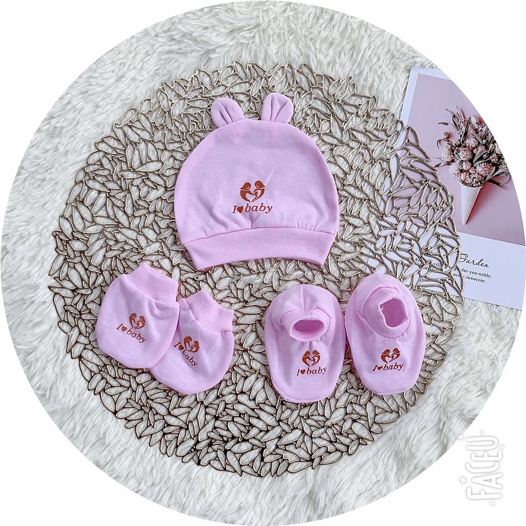 Set mũ bao tay chân i love baby hàng đẹp cho bé 0 - 3 tháng