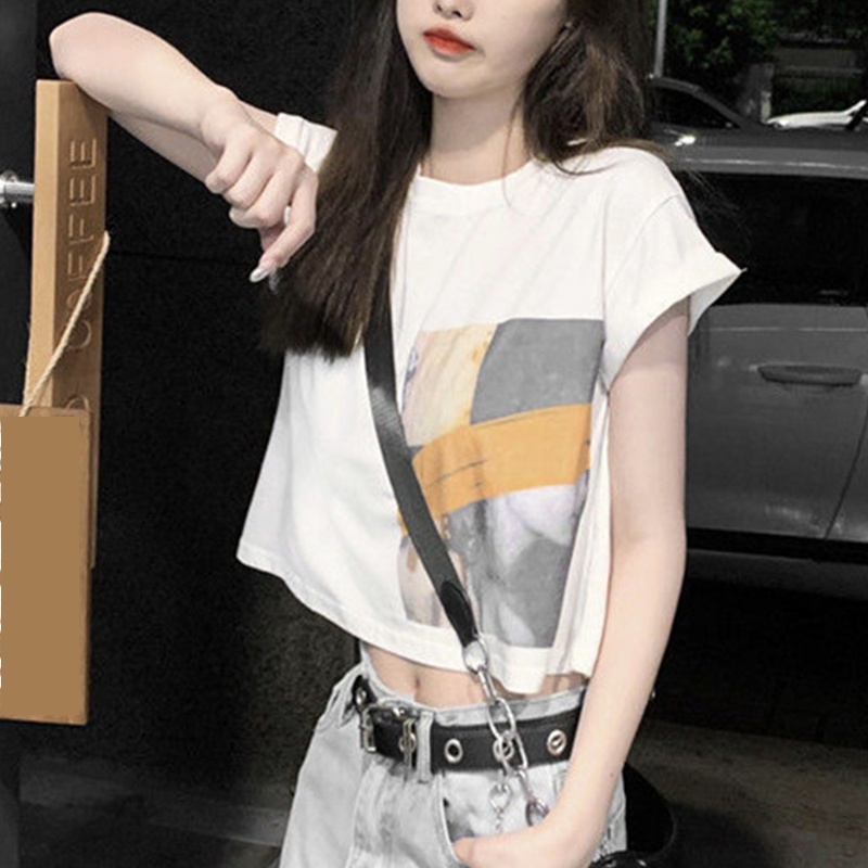 áo croptop Thun Nữ Ngắn Tay In Hình Khuôn Mặt Sáng Tạo
