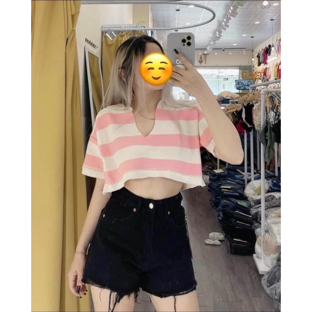 áo len croptop quảng châu cổ bẻ chữ V ngắn tay