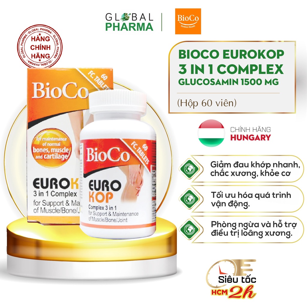 Viên uống giảm đau cơ, xương, khớp, bổ sung canxi BioCo Eurokop 3in1 (Hộp 60v)