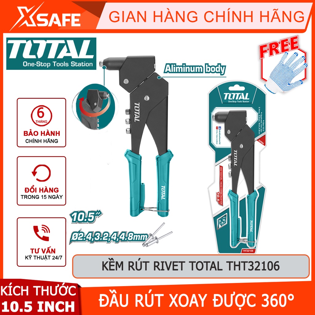 Kìm rút rivet TOTAL THT32106 Kềm rút đinh tán kích thước 10.5 inch, đầu rút xoay được 360 độ, chất liệu thép nhôm