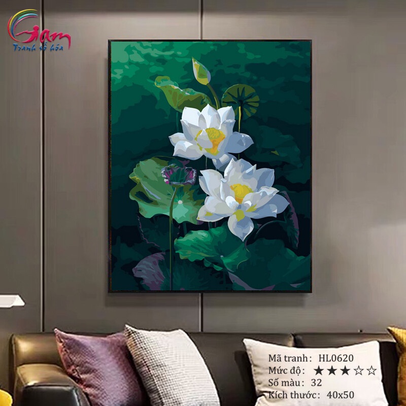 Tranh sơn dầu số hoá tự tô màu theo số hoa sen trắng GAM căng khung 40x50cm dày 2.5cm HL0620