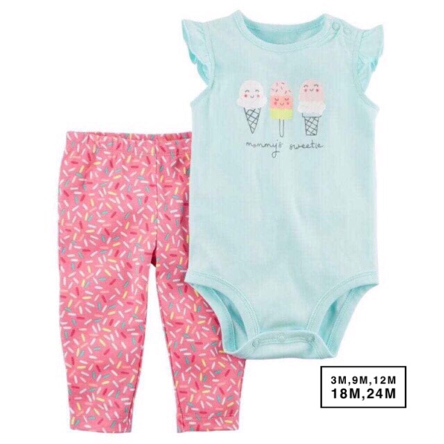 Set  body chip cộc tay + quần legging cho bé ( xanh kem quần hồng 3m,9m,12m,18m,24m)