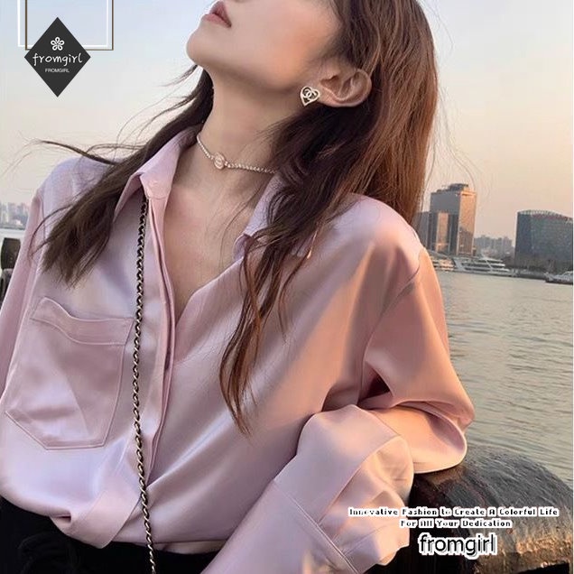 Áo Sơ Mi Tay Dài Dáng Rộng Màu Hồng Thời Trang Mùa Hè Cho Nữ