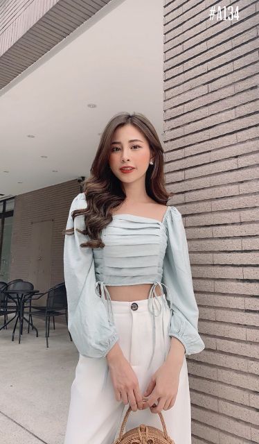 Áo crop xếp li tay dài (có ảnh thật)