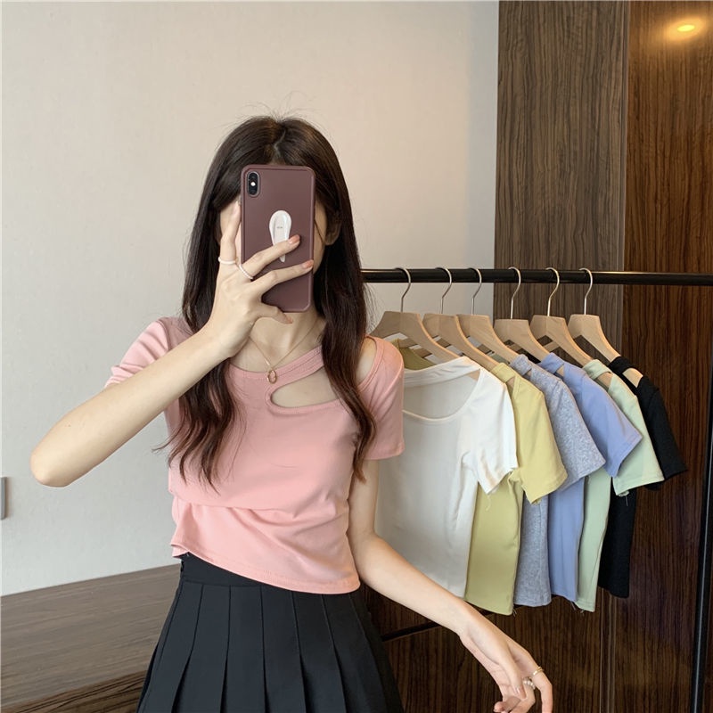 COZOK Áo Thun Tay Ngắn Dáng Ôm Thiết Kế Khoét Lỗ Thời Trang Cá Tính Cho Nữ