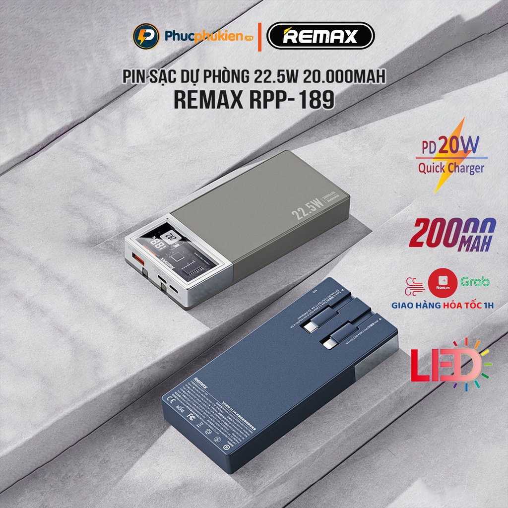 Sạc dự phòng 20000mah Remax RPP 189 sạc nhanh 20w và tích hợp 2 dây sạc Phúc Phụ Kiện Bảo hành 12 tháng 1 đổi 1