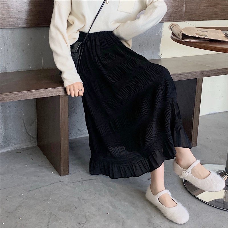 CHÂN VÁY MIDI TRƠN NHÚN  DÀI VOAN NHĂN DẬP LY XẾP LY DÁNG DÀI PHONG CÁCH HÀN QUỐC Chân váy dài 2 lớp voan mềm | BigBuy360 - bigbuy360.vn