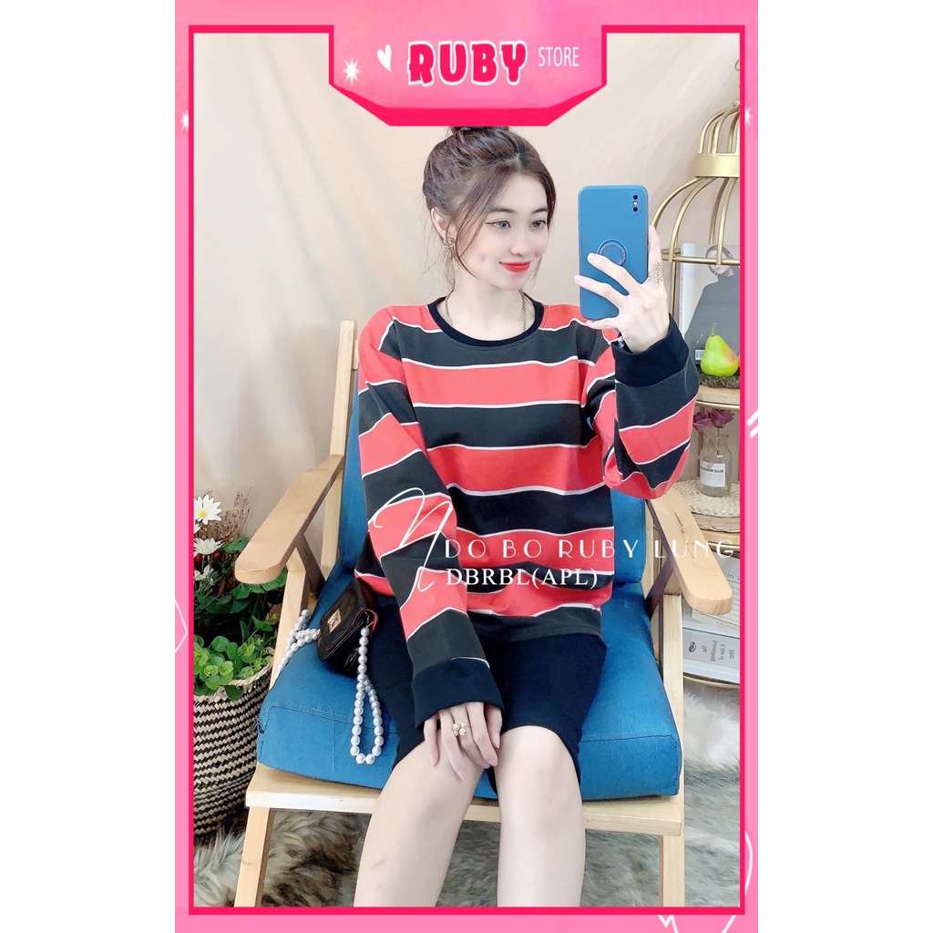 Đồ bộ thun lửng tay dài phối sọc dễ thương chất thun mềm mát DBRBLCT