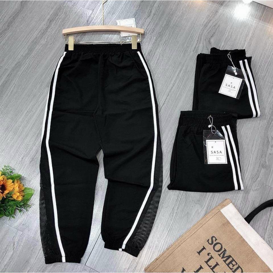 Quần Baggy Nữ Đũi Nhật Sọc Lưới Bo Gấu Hot Trend