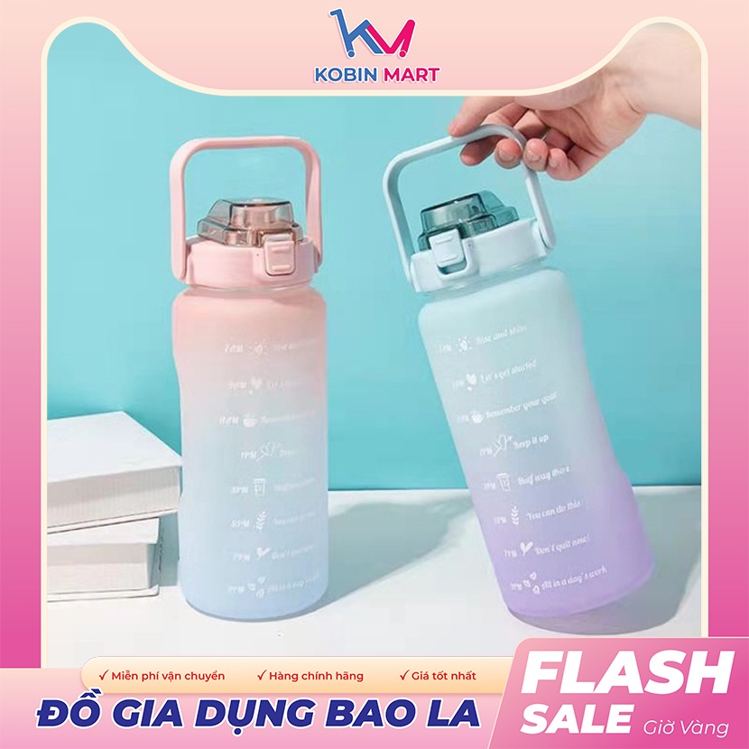 Bình Nước 2 Lít Chia Vạch Báo Giờ Uống, Bình Đựng Nước Cho Người Lười Uống Nước - Tặng Sticker - Có Quai Xách, Vòi Hút