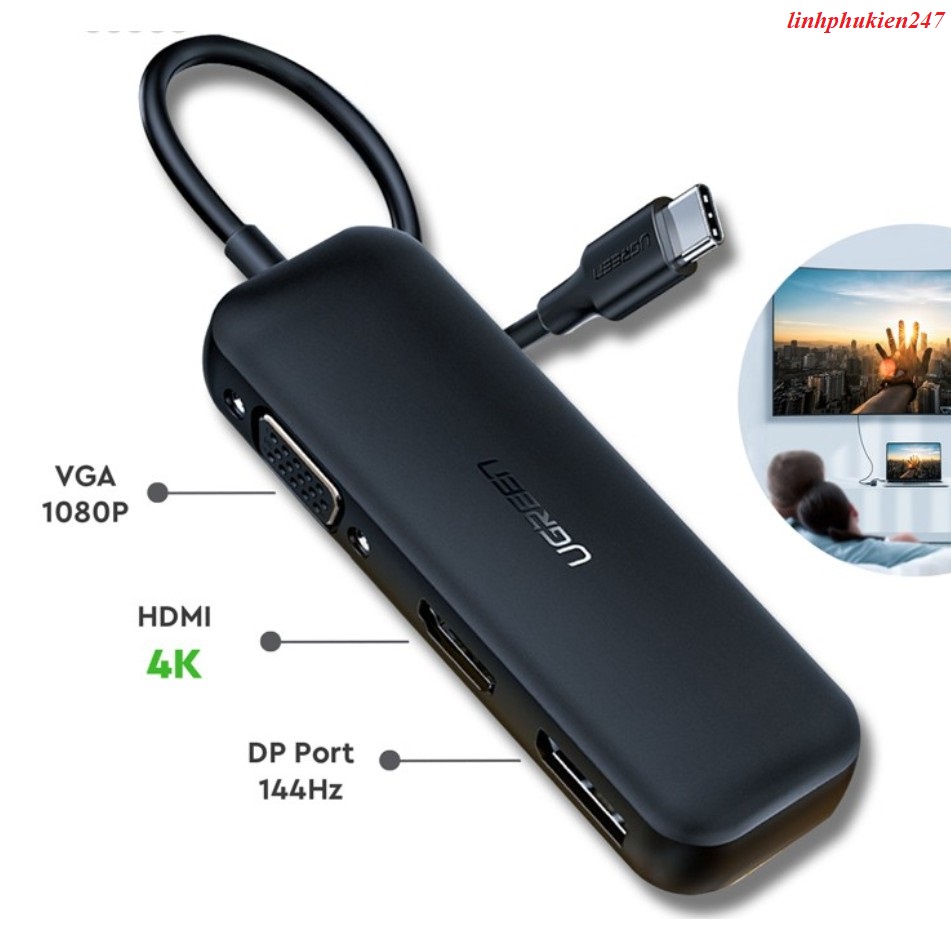 Thiết bị Hub chuyển đổi USB Type-C to DP/HDMI/VGA 3 in 1 Ugreen 60568 cao cấp