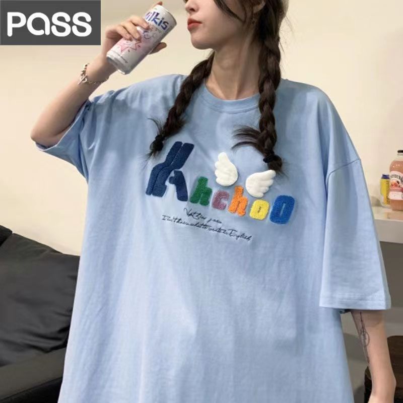 Áo Thun Cotton Mùa Hè Thêu Hình Đôi Cánh Thiên Thần Phong Cách Mới Cho Nữ