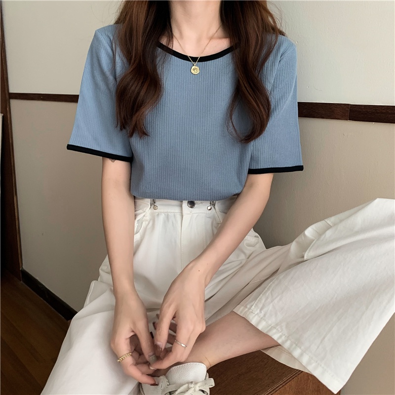 Áo Thun Dệt Kim Tay Ngắn Cổ Tròn Dáng Rộng Phong Cách Hàn Quốc Thời Trang Mùa Hè Cho Nữ