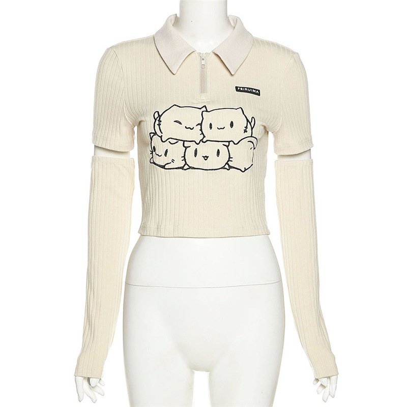 Áo thun polo có găng tay rời thêu hình mèo con dễ thương cho nữ