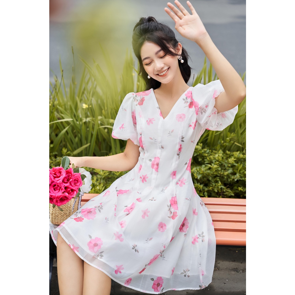 Váy tơ hoa cổ V tay bồng phong cách Hàn quốc dáng chữ A thiết kế tiểu thư nhẹ nhàng Pansy Blue trắng YAME