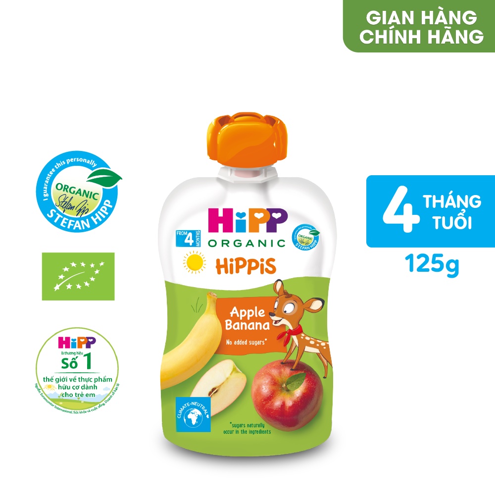 Dinh dưỡng 100% Trái cây nghiền Organic HiPPiS Táo, Chuối 100g - Nhập khẩu Áo