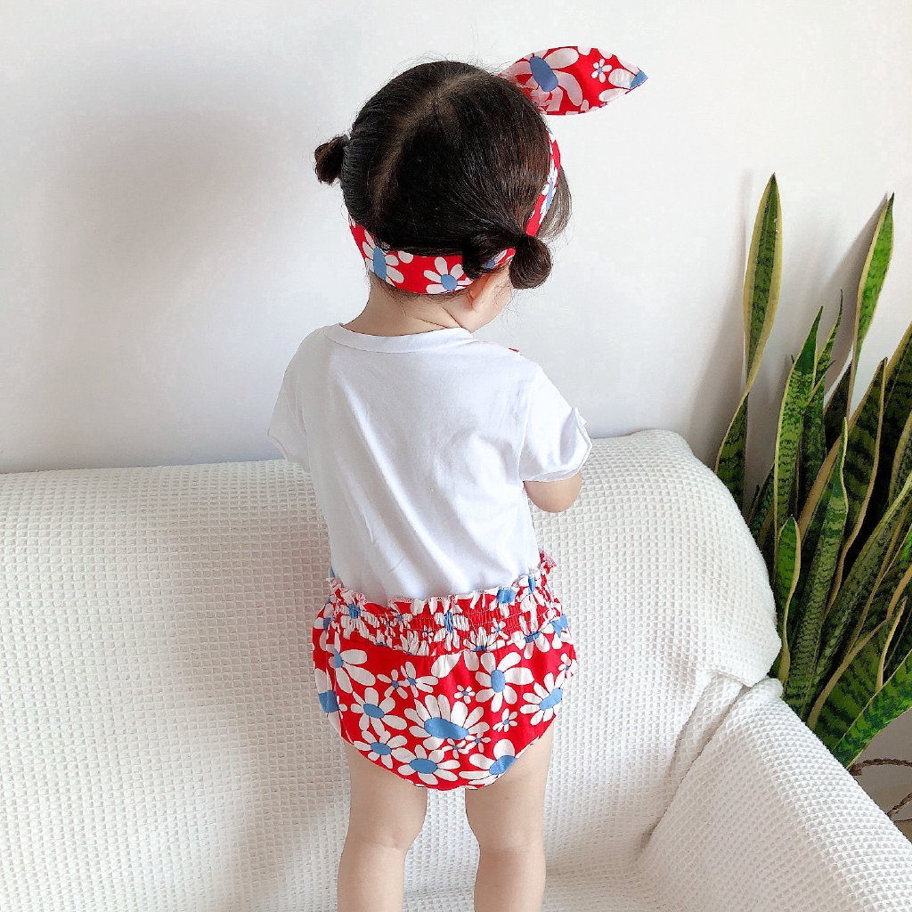 Set jumpsuit tay ngắn kèm băng đô in họa tiết hoa thời trang xinh xắn cho bé gái