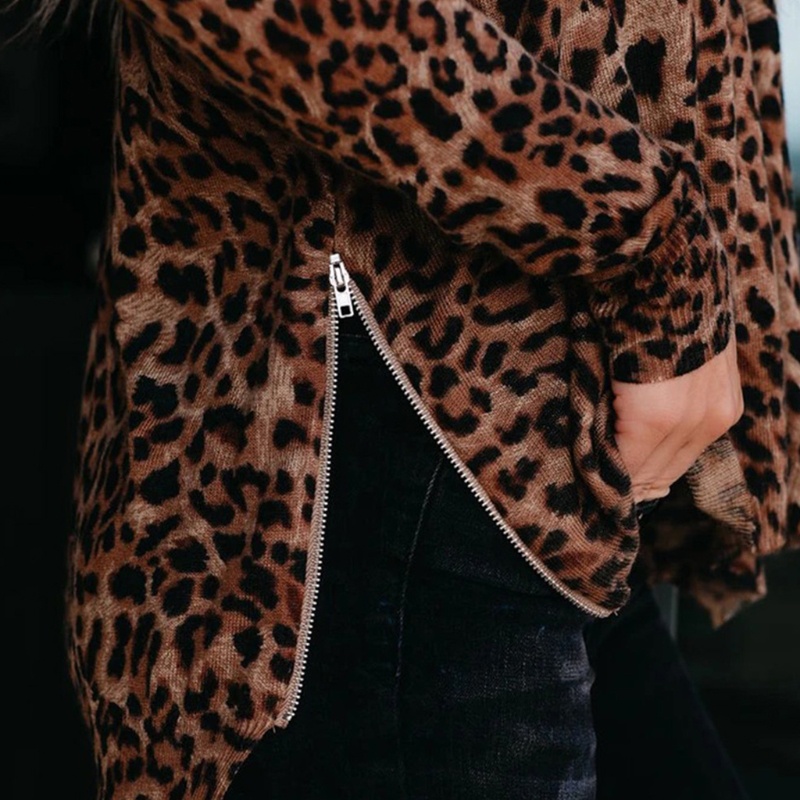 Áo Sweater Dệt Kim Tay Dài Cổ Tròn In Họa Tiết Da Báo / Ngựa Vằn Phối Khóa Kéo Bên Hông Thời Trang Cho Nữ