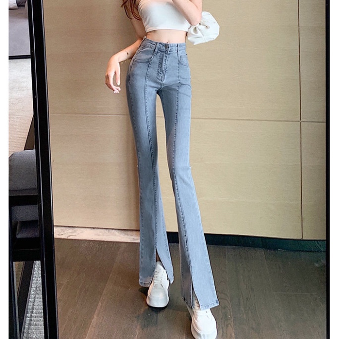 Jiashucheng Quần Jean Dài Lưng Cao Ống Loe Xẻ Tà Phong Cách Xuân Thu Mới Cho Nữ