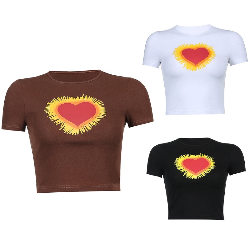 Áo Thun Tay Ngắn Cổ Tròn In Hình Trái Tim Phối Tua Rua Phong Cách Harajuku Dễ Thương Cho Nữ