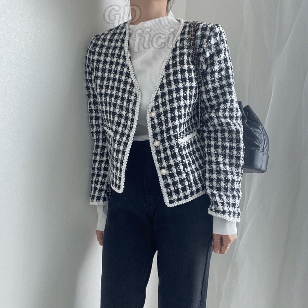 K98|Áo khoác dạ tweed mỏng nhẹ nhàng sang trọng cho nữ dáng ngắn màu be, đen GD Official