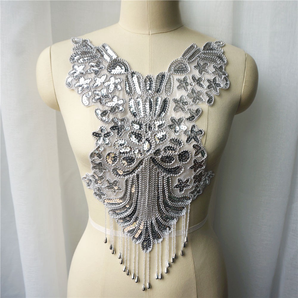 Miếng Vải Ren Đính Hạt Bạc Lấp Lánh Dùng Trang Trí Váy Cưới