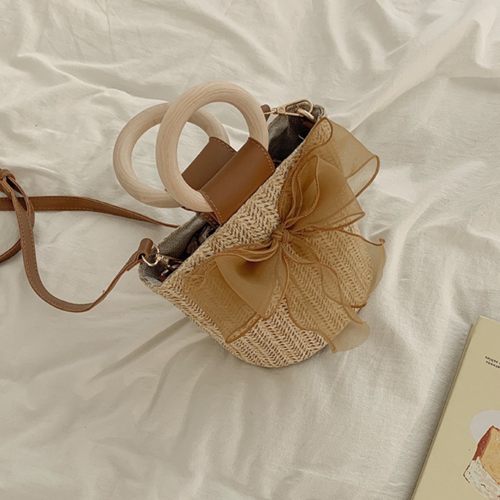 Túi Đeo Chéo Đan Cói Phối Ren Tay Cầm Thời Trang Đi Biển Mùa Hè Cho Nữ La.orie - La019