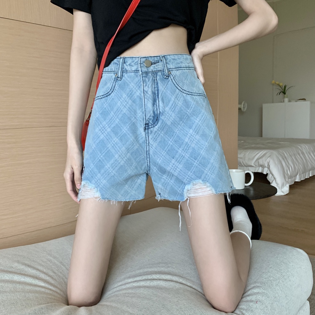 SUXI Quần Short Denim Lưng Cao Dáng Chữ A Màu Trơn Thời Trang Mùa Hè Cho Nữ