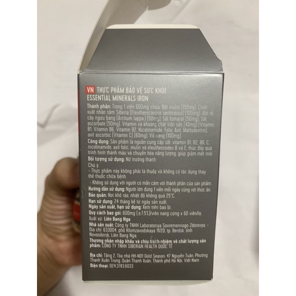 SBR Viên sắt Essential Minerals Iron Siberi Nga 60v