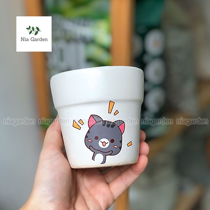 Chậu sứ gờ cao trung in hình trồng cây cảnh sen đá xương rồng mini Nia Garden N2