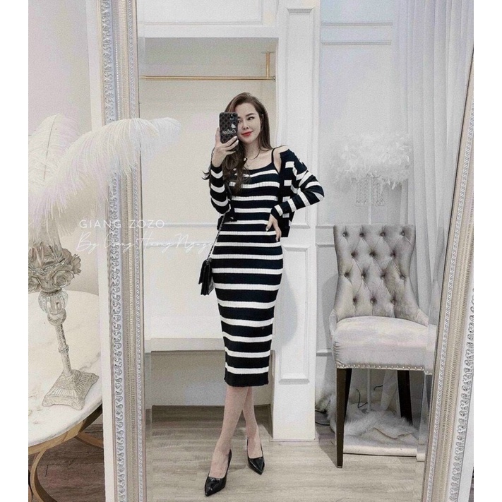 Set váy len basic : đầm váy len 2s 2 dây body + áo choàng len cardigan