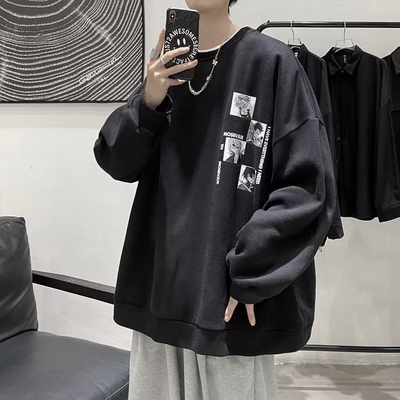 Áo Sweater Tay Dài Dáng Rộng In Hình Anime Màu Trắng Đen Thời Trang Mùa Thu Cho Nam Và Nữ